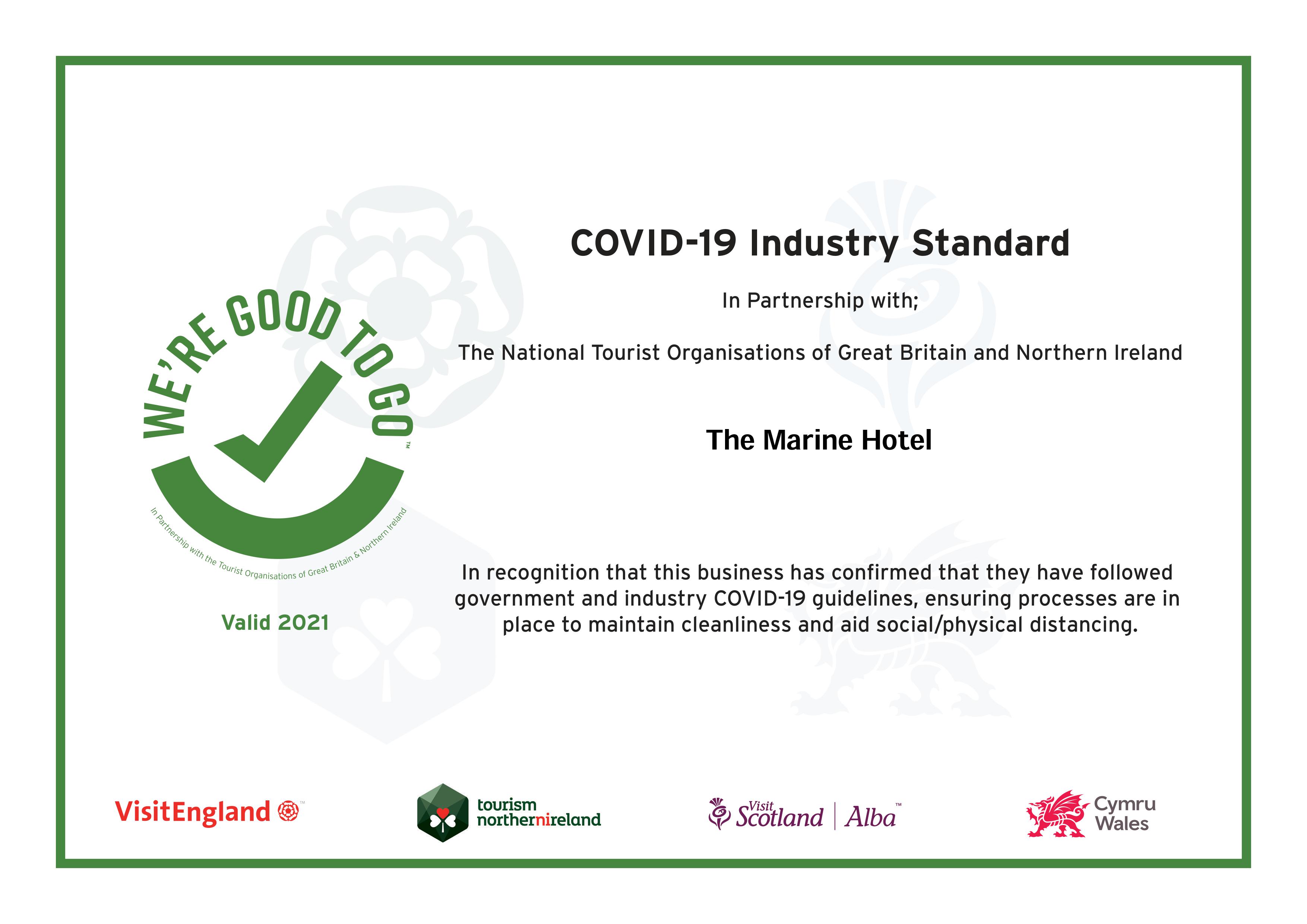 We're good to go. Covid-19 Industry Standard. In partnership with; The National Trust Organisations of Great Britain and Norther Ireland. In recognition that this business has confirmed that they have followed government and industry COVID-19 guidelines, ensuring processes are in place to maintain clenliness and aid social/physical distancing.